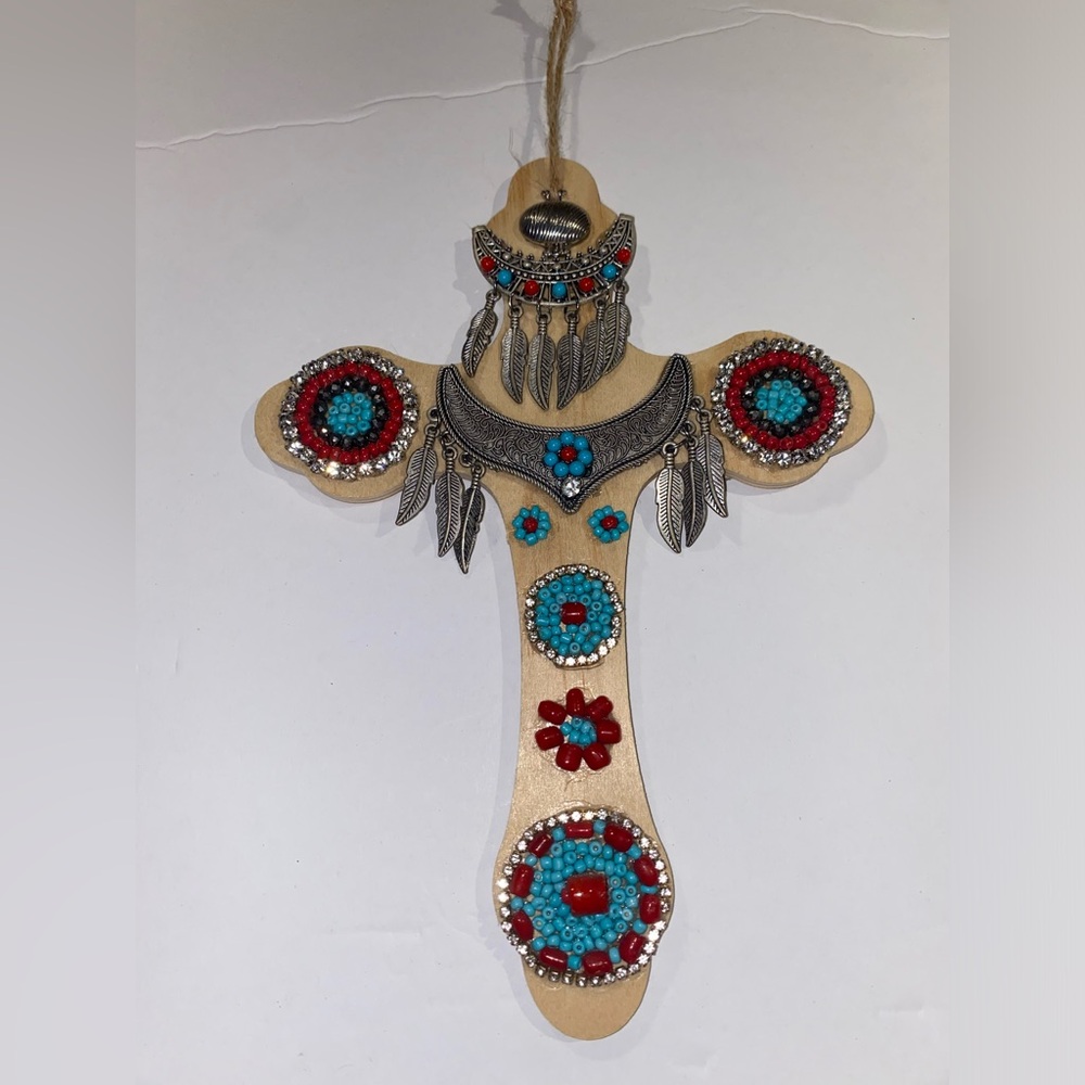 Wood Cross w/ Repurposed Jewelry Deco Silver, Red, Skyblue colors & Rhinestones